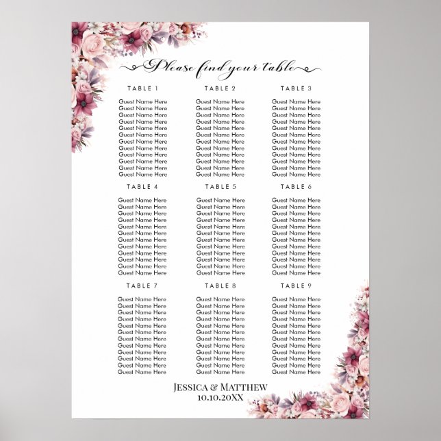 Póster Floral de boho rosa y turbio 9 mesas Boda (Frente)