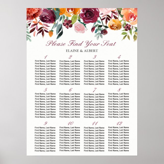 Póster Floral de Borgoña 12 mesas Boda de asiento (Frente)