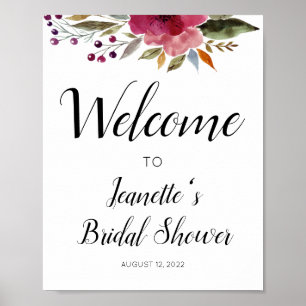 Póster Floral De Borgoña Bienvenidos A La Ducha De Novias
