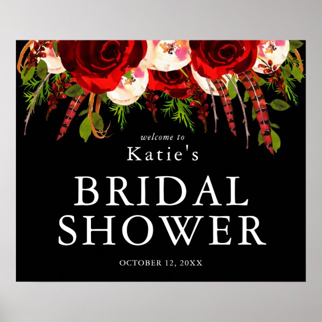 Póster Floral de borgoña negra Boho Bridal Shower (Frente)
