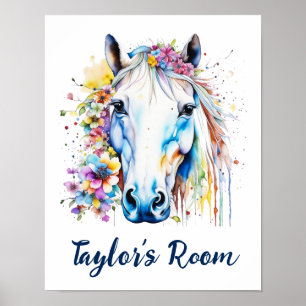 Póster Floral de caballo blanco de bonito personalizada