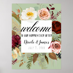 Póster Floral de Campo Verde Rústico de Boda Bienvenida