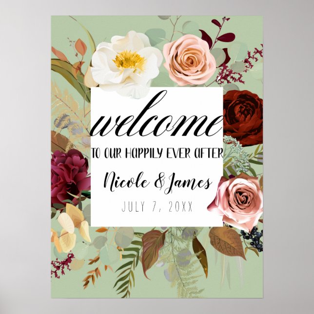 Póster Floral de Campo Verde Rústico de Boda Bienvenida (Frente)