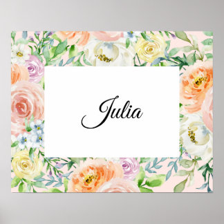 Póster Floral de color de agua pastel con nombre de Perso