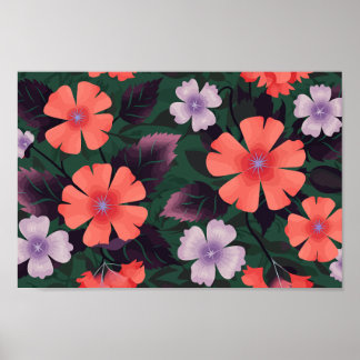 Póster Floral de coral y púrpura con hojas oscuras