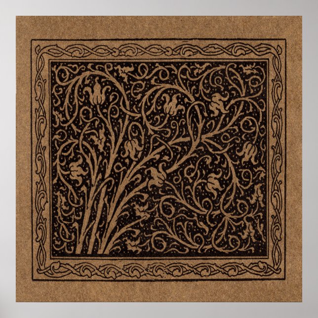 Póster Floral de cuero marrón Art Nouveau (Frente)