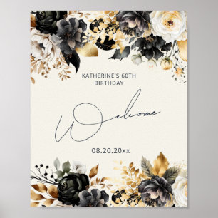 Póster Floral de Cumpleaños 60 Oro Negro