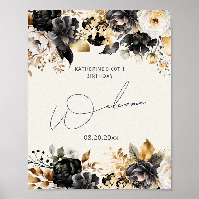 Póster Floral de Cumpleaños 60 Oro Negro (Frente)