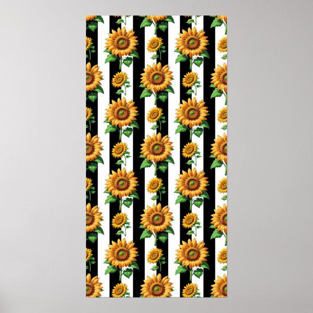 Póster Floral de girasol franjas blancas negras (Frente)