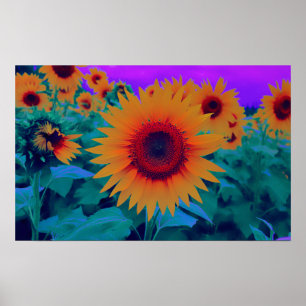 Póster Floral de girasol naranja, verde y morado de otoño