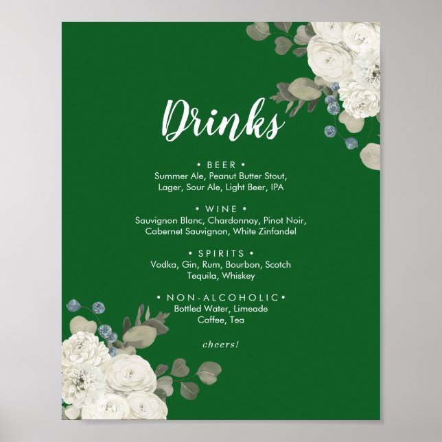 Póster Floral de invierno|Rótulo de menú de bebidas Bodas (Frente)