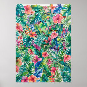 Póster floral de la jungla rosa tropical