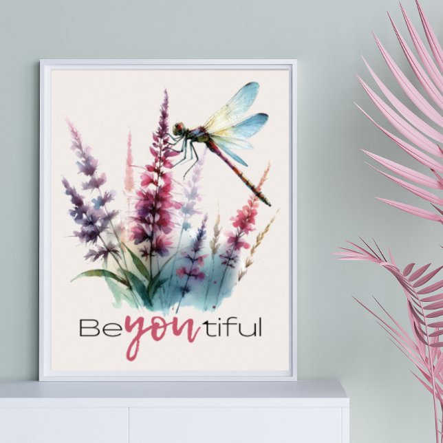 Póster Floral de la libélula acuática inspira cita (Watercolor Dragonfly Floral Be You Inspirational Quote Poster)