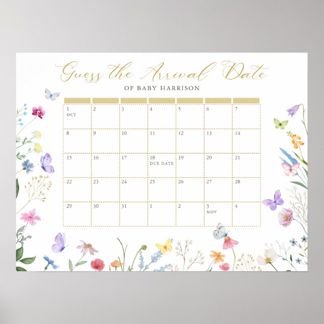 Póster Floral de mariposa adivina el calendario de fecha  (Frente)
