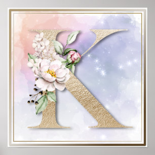Póster floral de monograma K de color burdeos