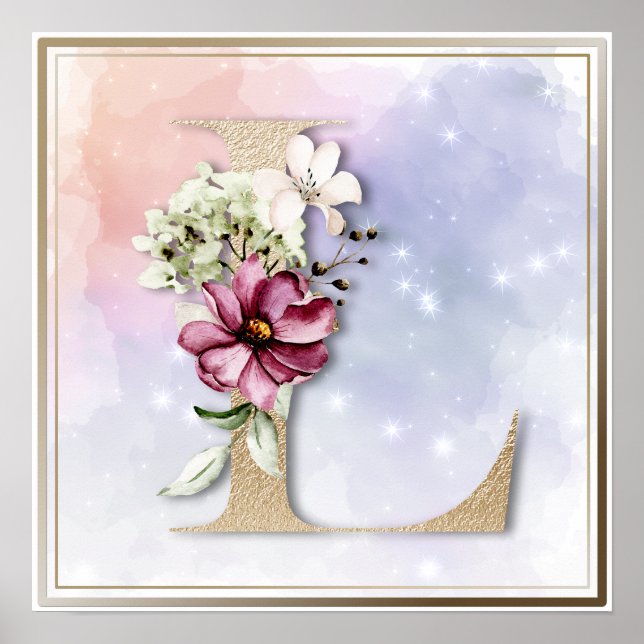 Póster floral de monograma L de color burdeos (Frente)