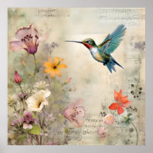 Floral de música vintage Hummingbird Art