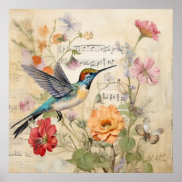 Póster Floral de música vintage Hummingbird Art