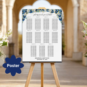Póster Floral de oro azul turbio 11 mesas Boda asiento