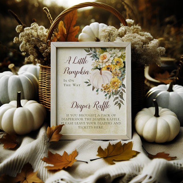 Póster Floral de oro de otoño elegante | Raffle de calaba ("A Little Pumpkin Is On The Way" White Pumpkin and Gold Floral Baby Shower Diaper Raffle Poster Sign)