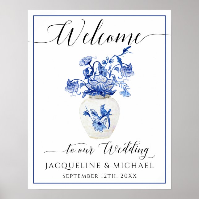 Póster Floral de pájaro blanco azul China Vase Welcome Bo (Frente)
