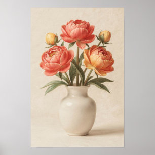 Póster floral de peonías coral en un jarrón de mar