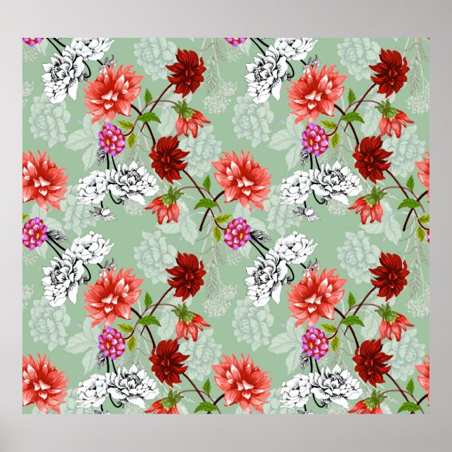 Póster Floral de primavera verde: mano dibujada (Frente)