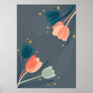 Póster floral de tulipanes coral teal de mediados 