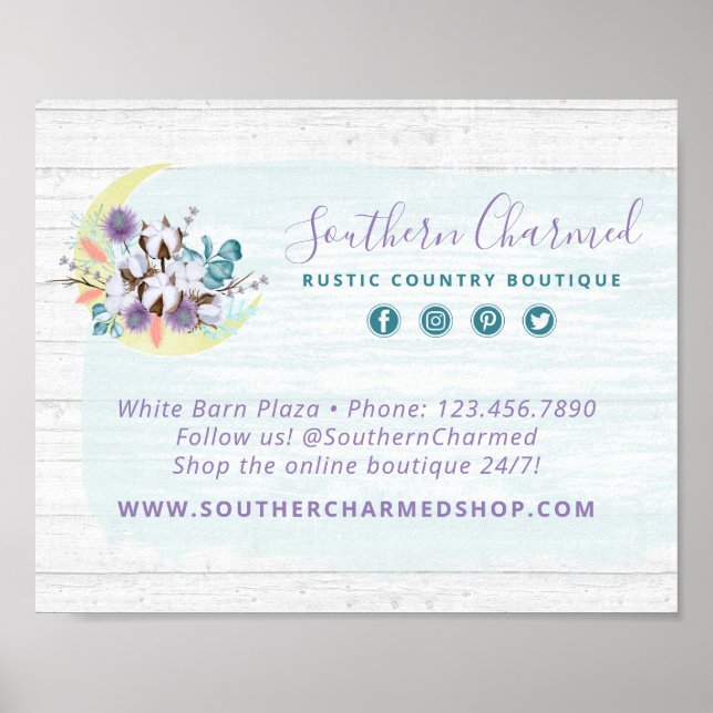 Póster Floral del sur Algodón Luna y madera rústica Campo (Frente)