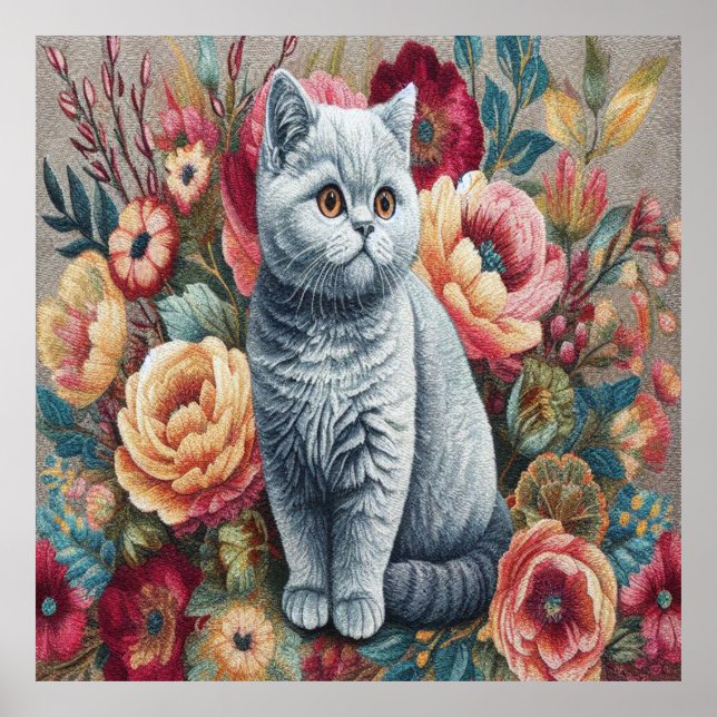 Póster Floral Delight British shorthair Cat, Kitten lindo (Frente)