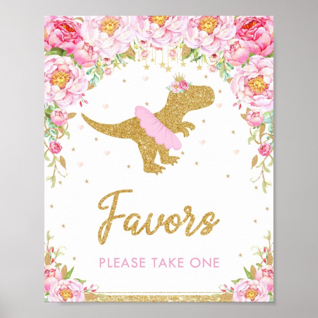 Póster Floral Dinosaur Birthday Party T-Rex Favors Sign (Frente)