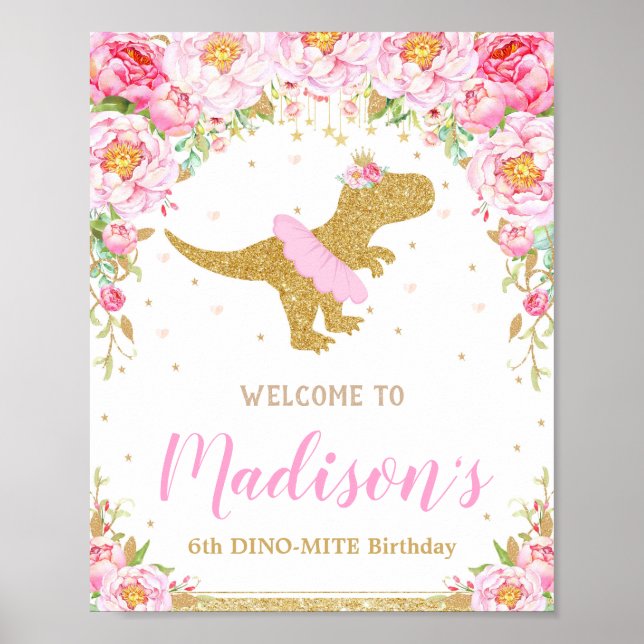 Póster Floral Dinosaurio Bienvenida Cumpleaños Banner de  (Frente)