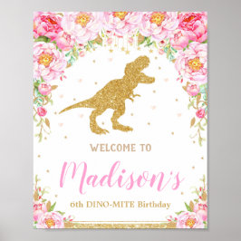 Póster Floral Dinosaurio Bienvenida Cumpleaños Banner de 