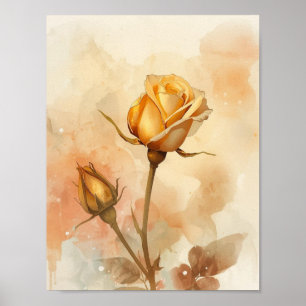Póster Floral Dorada Ámbar Cálida Rosa Floración Acuarela