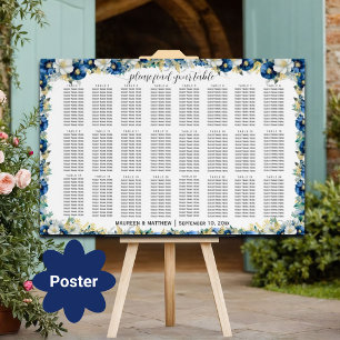 Póster Floral dorada azul turquesa 24 mesas Boda asiento