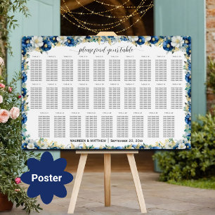 Póster Floral dorada azul turquesa 29 mesas Boda asiento