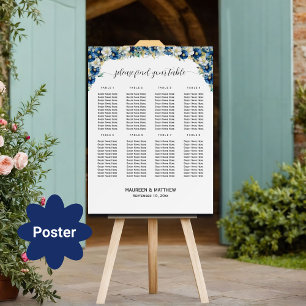 Póster Floral dorada azul turquesa 8 mesas Boda asiento