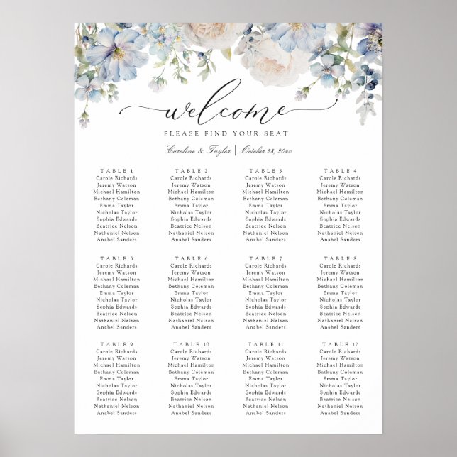 Póster Floral Dusty Blue Elegant Wedding Chart (Frente)