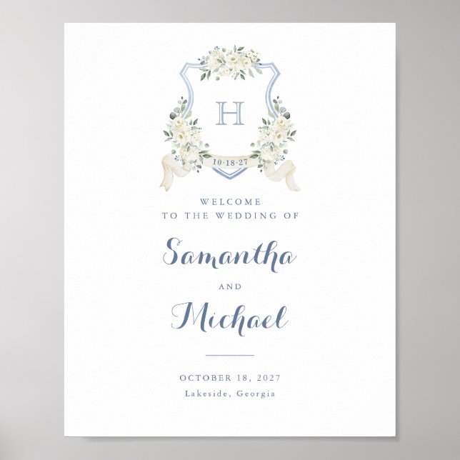 Póster Floral Elegant Dusty Blue Crest Welcome Sign (Frente)