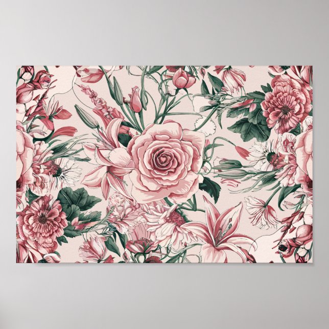 Póster Floral elegante con Rosas, lirios y crisantén (Frente)