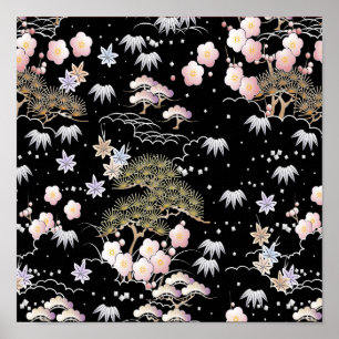 Póster Floral elegante de cerezo rosa negro
