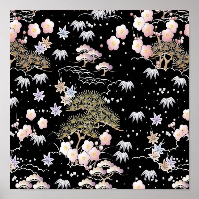 Póster Floral elegante de cerezo rosa negro (Frente)