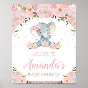 Póster Floral Elephant Baby Shower Welcome Sign Poster