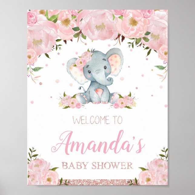Póster Floral Elephant Baby Shower Welcome Sign Poster (Frente)