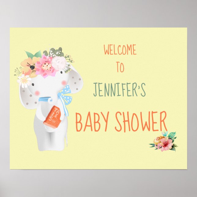 Póster Floral Elephant Customizable Baby Shower Sign (Frente)
