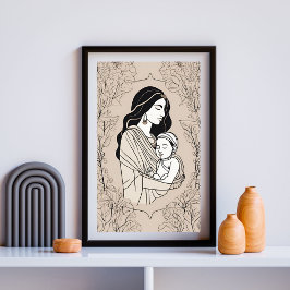 Póster Floral Embrace Mother and Baby Line Art Print