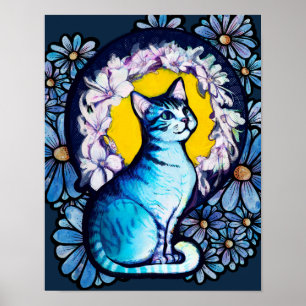 Póster Floral estilo Halo Mucha estilo Gato Azul Kitty