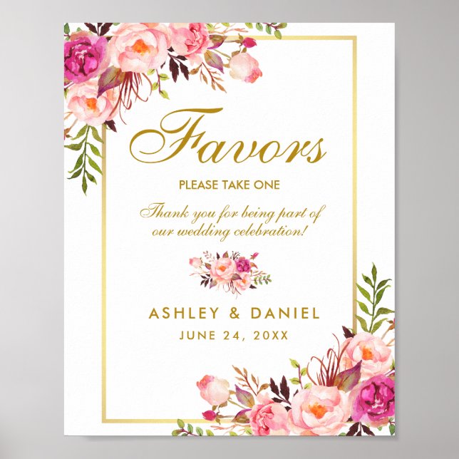 Póster Floral Floral Pink Gold Wedding Favors (Frente)