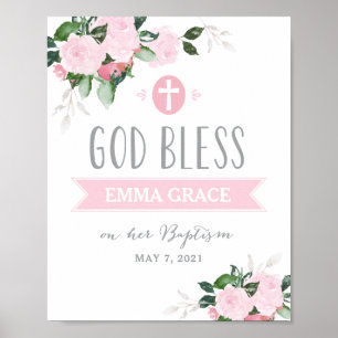 Póster Floral florece Dios bendiga el bautismo Rótulo ros