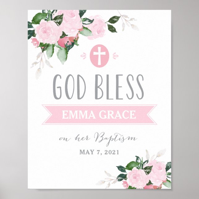 Póster Floral florece Dios bendiga el bautismo Rótulo ros (Frente)